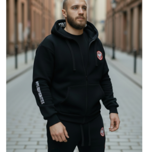 HAFTOWANA BLUZA BAWEŁNIANA Z KAPTUREM NA ZAMEK CZARNA REPREZENTANT